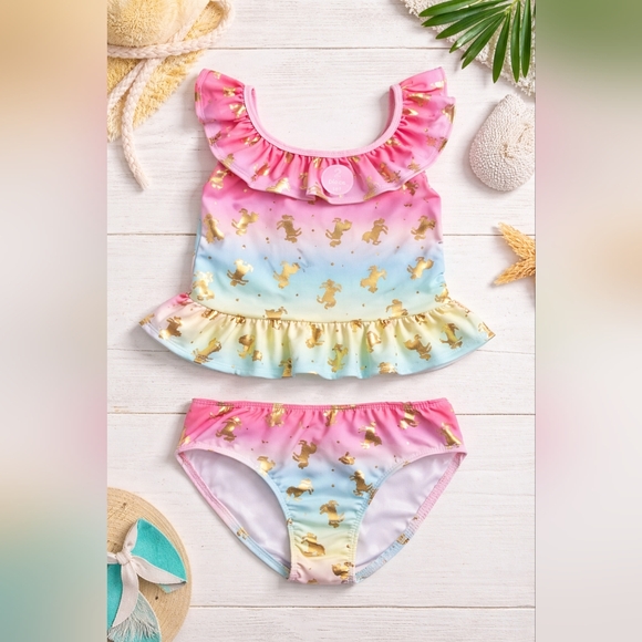 Young Hearts Other - Girls Unicorn Ombre 2-Piece Swimsuit Ruffle Top Gold Foil Print Size 12 NWT